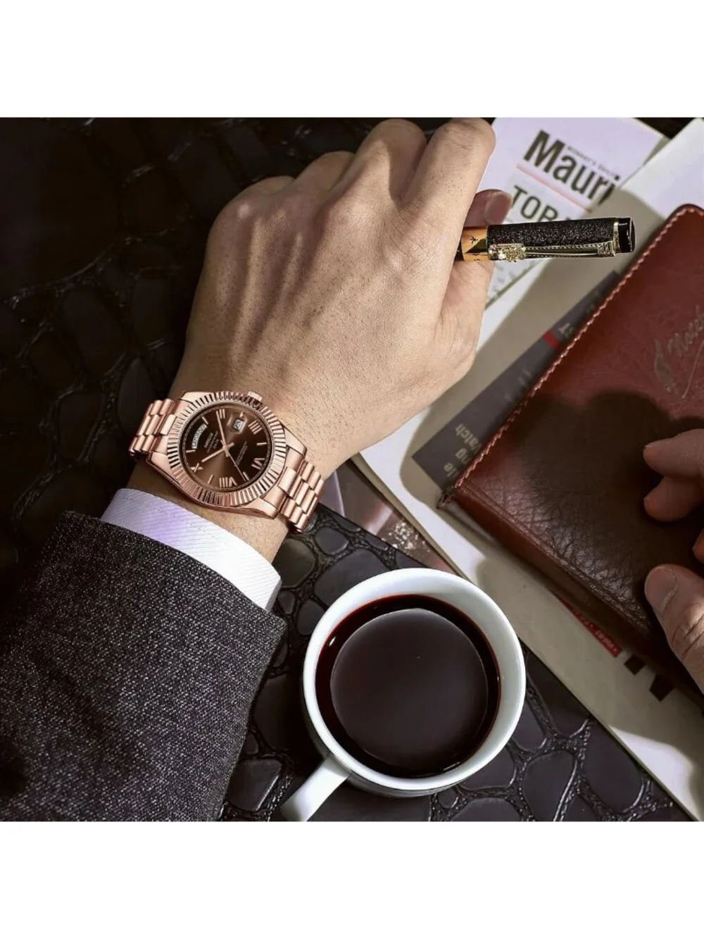 Luxury Men's Analog Quartz Watch - Rose Gold Stainless Steel, Waterproof, Brown